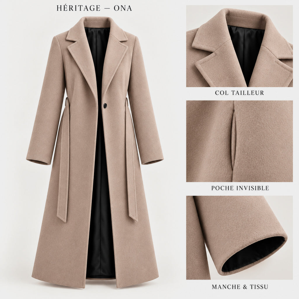 Manteau Héritage ONA beige — doublure noire, ceinture dénouée et détails