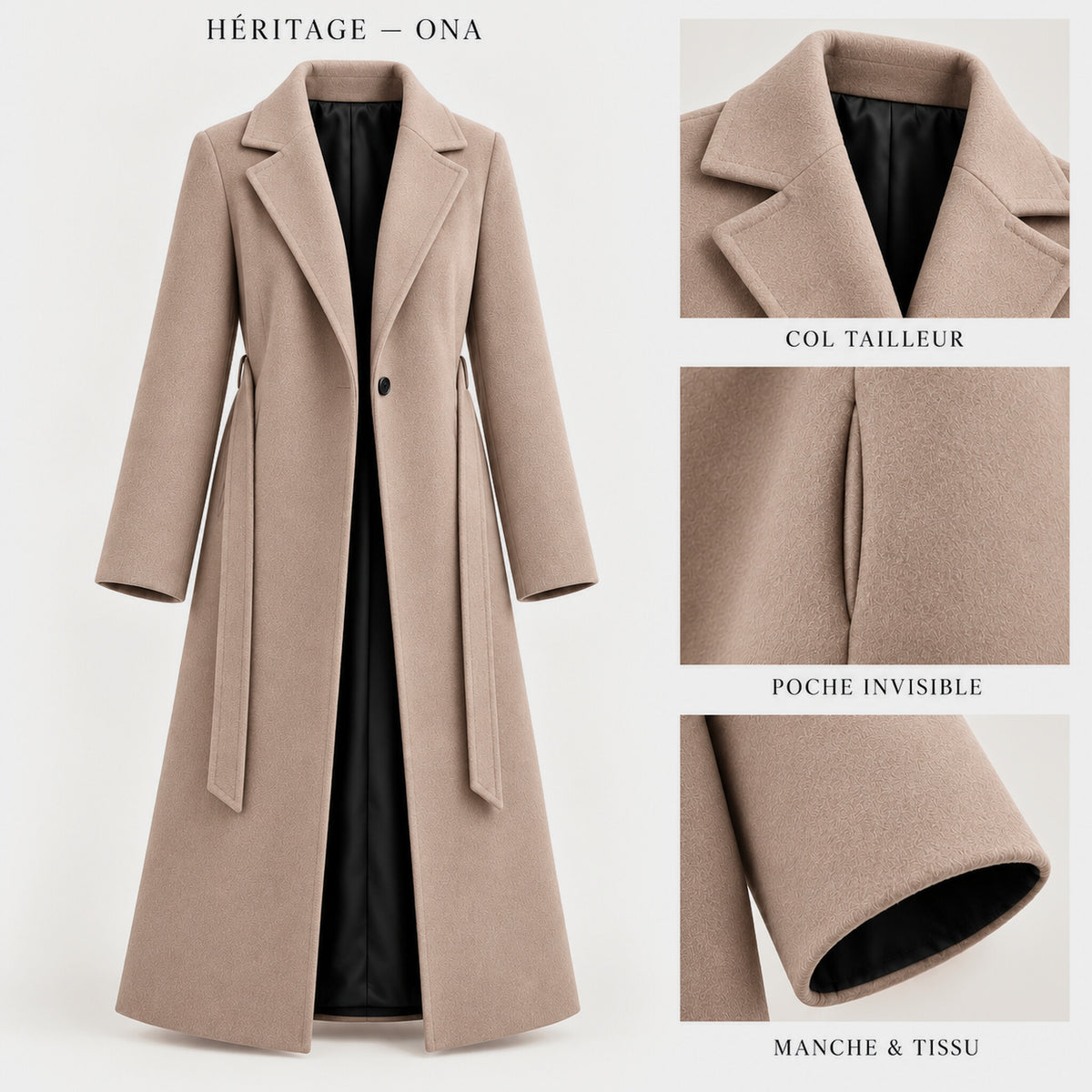 Manteau Héritage ONA beige — doublure noire, ceinture dénouée et détails