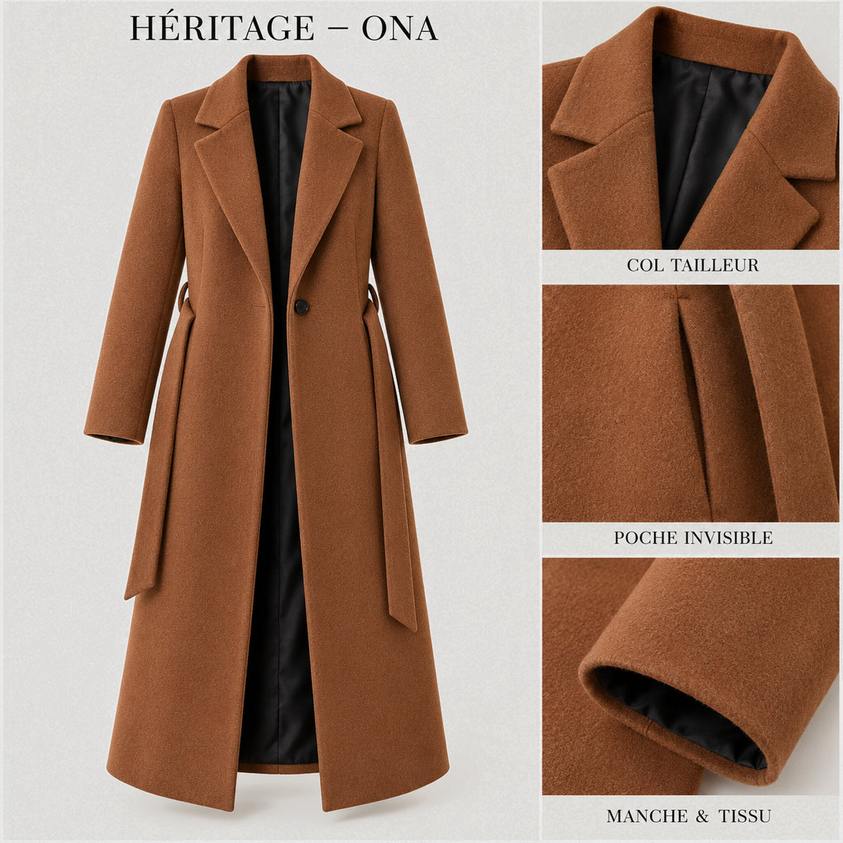 Manteau Héritage ONA camel — doublure noire, ceinture dénouée et détails