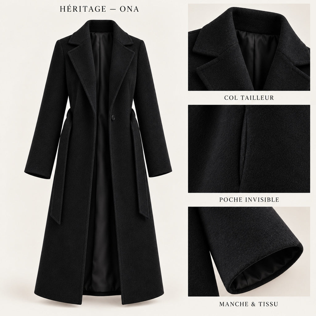 Manteau Héritage ONA noir — doublure noire, ceinture dénouée et détails
