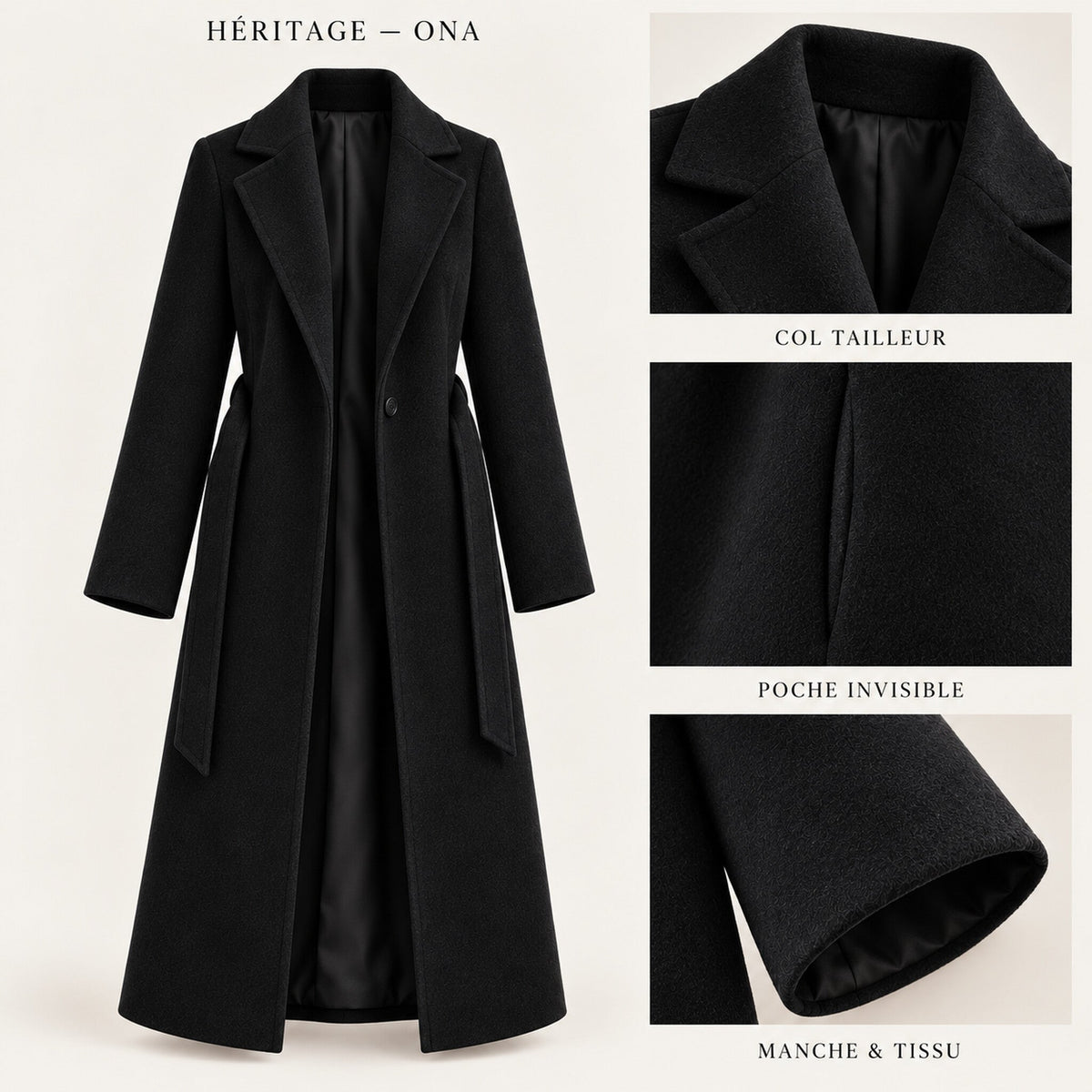 Manteau Héritage ONA noir — doublure noire, ceinture dénouée et détails
