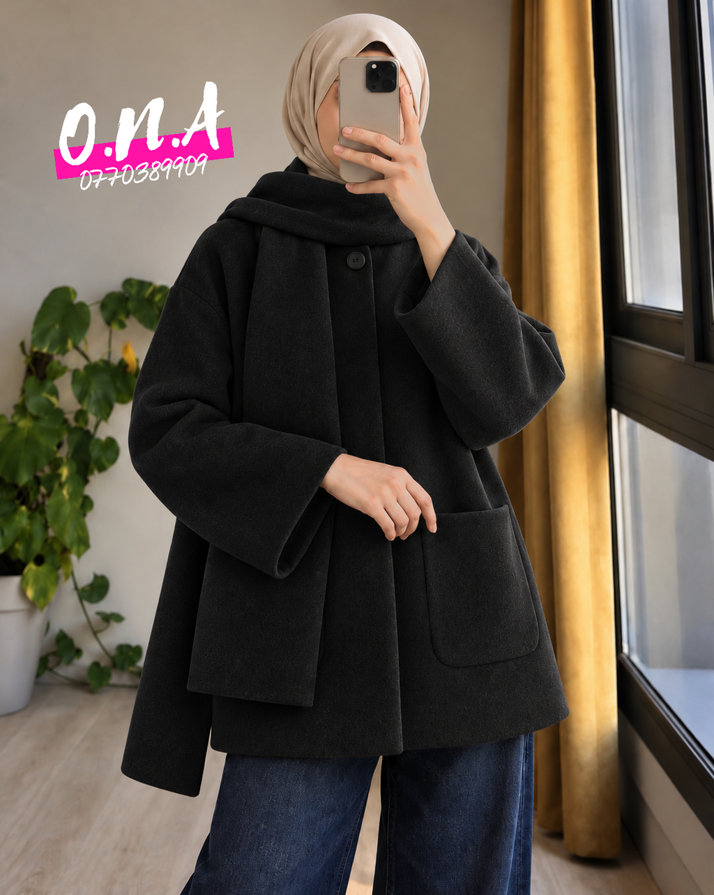 Scarf Jacket ONA باللون الأسود مع الشال، جاكيت بأزرار وجيوب مع جينز
