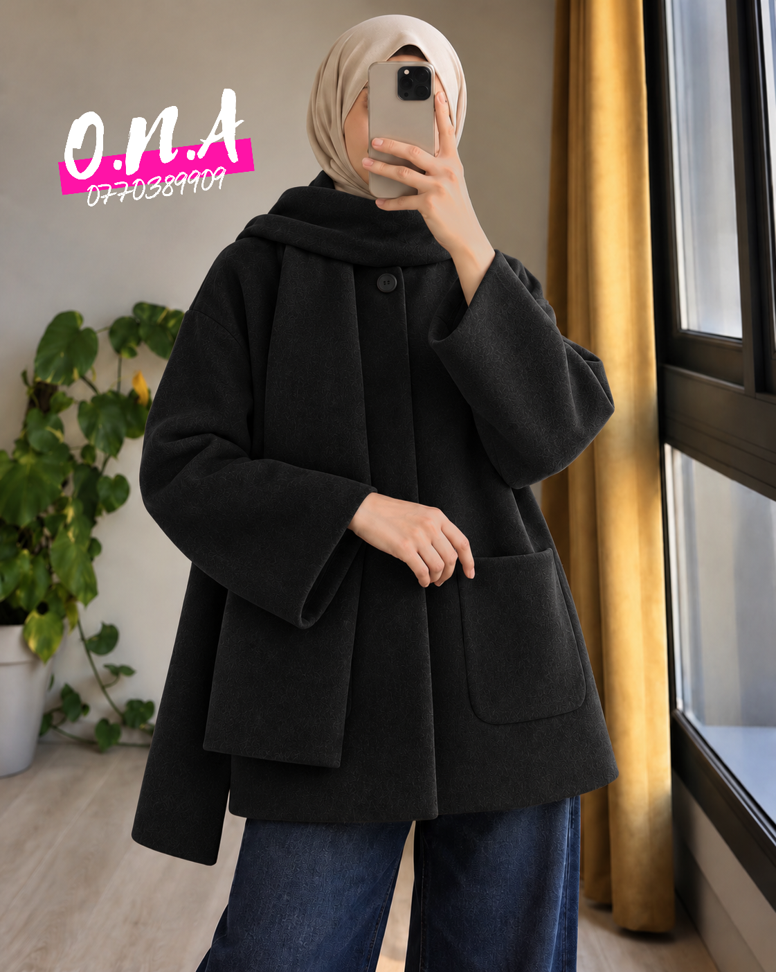 Scarf Jacket ONA باللون الأسود مع الشال، جاكيت بأزرار وجيوب مع جينز